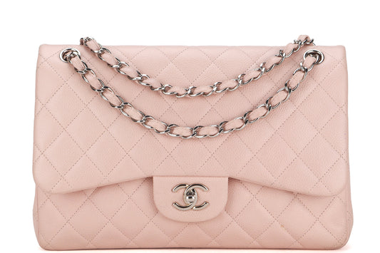 CHANEL DOUBLE FLAP BAG (1893xxxx) JUMBO LIGHT PINK CAVIAR LEATHER SILVER HARDWARE, WITH DUST COVER, NO