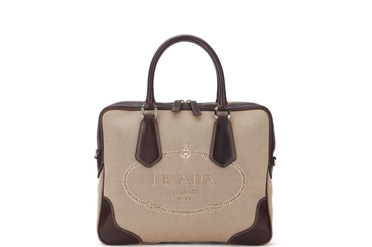 PRADA JACQUARD LOGO SHOULDER BAG CANVAS SILVER HARDWARE, WITH TAG, LOCK & STRAP, NO DUST COVER