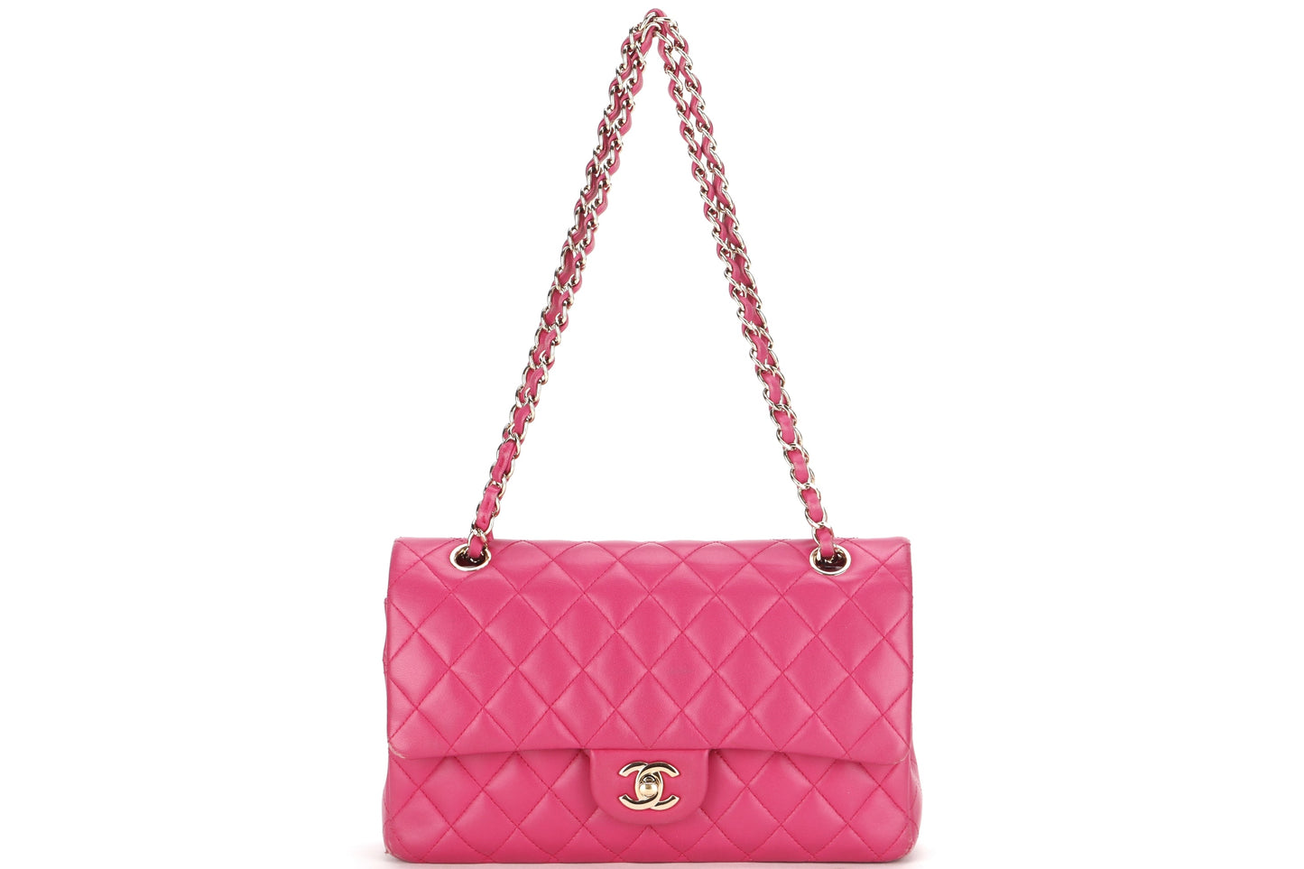 CHANEL CLASSIC DOUBLE FLAP (2214xxxx) MEDIUM PINK LAMBSKIN GOLD HARDWARE ,WITH , DUST COVER & BOX