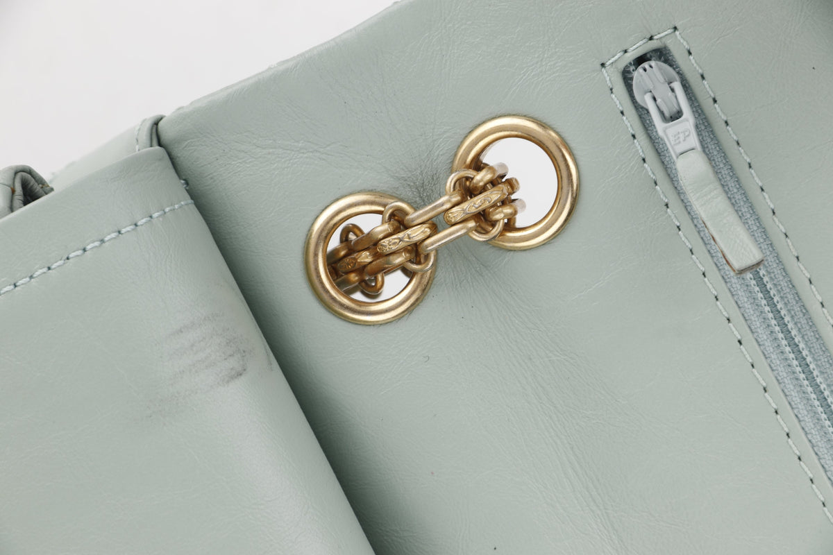 CHANEL REISSUE 227 (2539xxxx) MINT GREEN CALFSKIN GOLD HARDWARE, WITH , DUST COVER & BOX