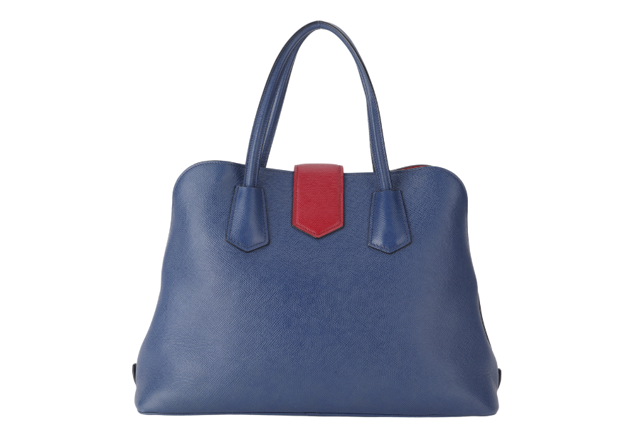 PRADA BLUE-RED SAFFIANO LEATHER DOUBLE HANDLE TOTE (BN2755) GOLD HARDWARE WITH STRAP, CARD AND DUST COVER