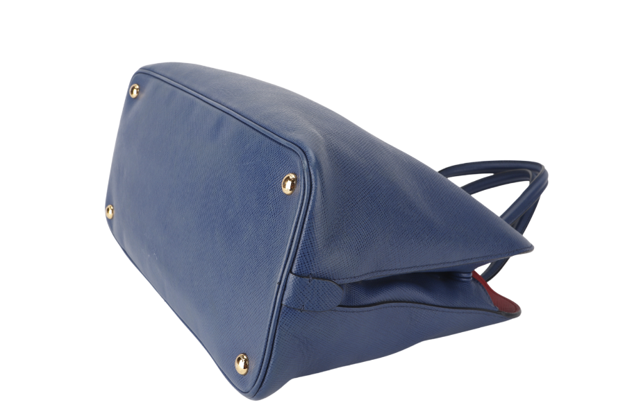 PRADA BLUE-RED SAFFIANO LEATHER DOUBLE HANDLE TOTE (BN2755) GOLD HARDWARE WITH STRAP, CARD AND DUST COVER