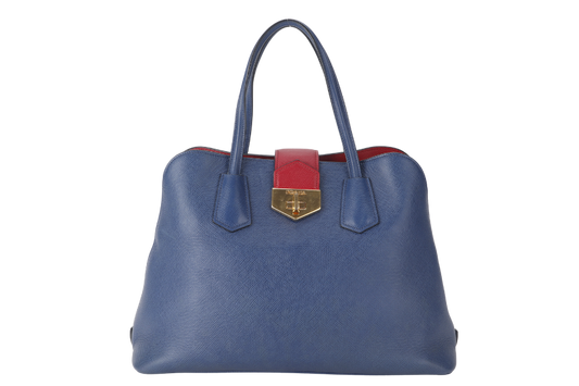 PRADA BLUE-RED SAFFIANO LEATHER DOUBLE HANDLE TOTE (BN2755) GOLD HARDWARE WITH STRAP, CARD AND DUST COVER