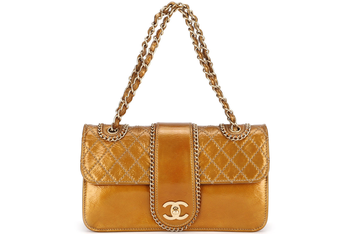 CHANEL MADISON FLAP BAG (1144xxxx) MEDIUM GOLD QUILTED PATENT LEATHER GOLD HARDWARE, NO  & DUST COVER
