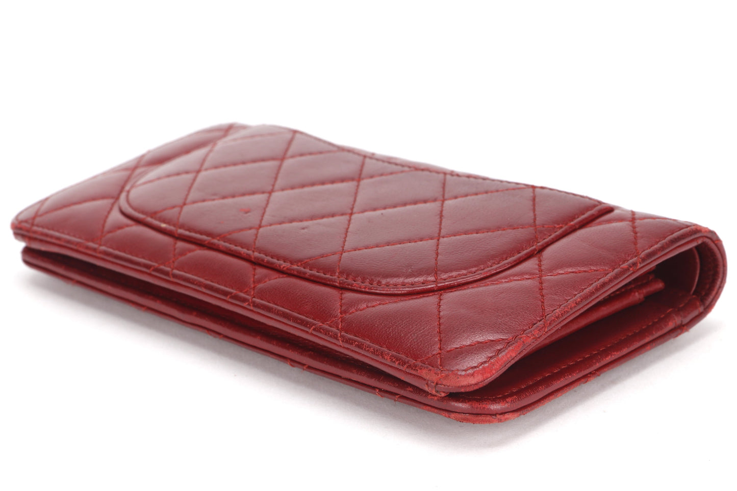 CHANEL BIFOLD WALLET (1679xxxx) RED LAMBSKIN SILVER HARDWARE, WITH  & BOX