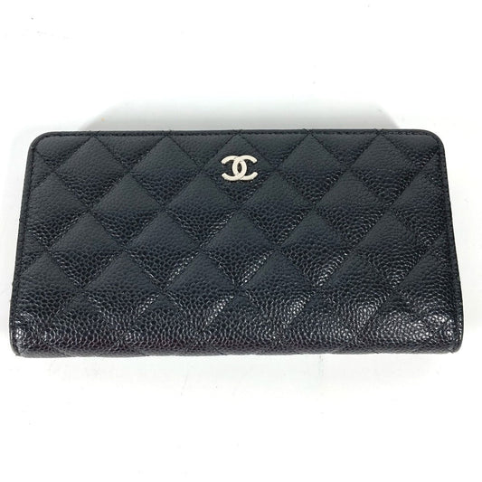 CHANEL Long Wallet Purse Caviar skin black Long wallet CC COCO Mark Matelasse Quilting Women Used