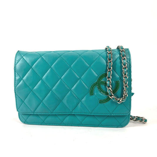 CHANEL Shoulder Bag leather green Crossbody long wallet CC COCO Mark Quilting Matelasse Women Used