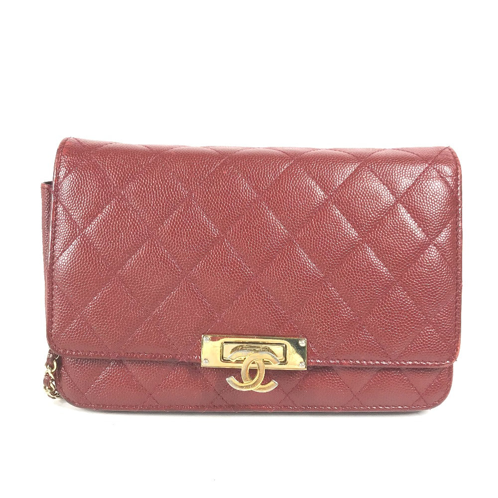 CHANEL Long Wallet Purse Caviar skin Red x Gold Metal CC COCO Mark Coco Lock Chain Wallet Women Used