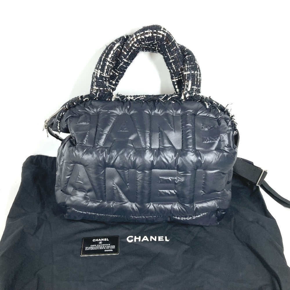 CHANEL Shoulder Bag Nylon, Tweed black 2WAY bag Boston Duffel bag Coconage Doudoune embossed logo Women Used