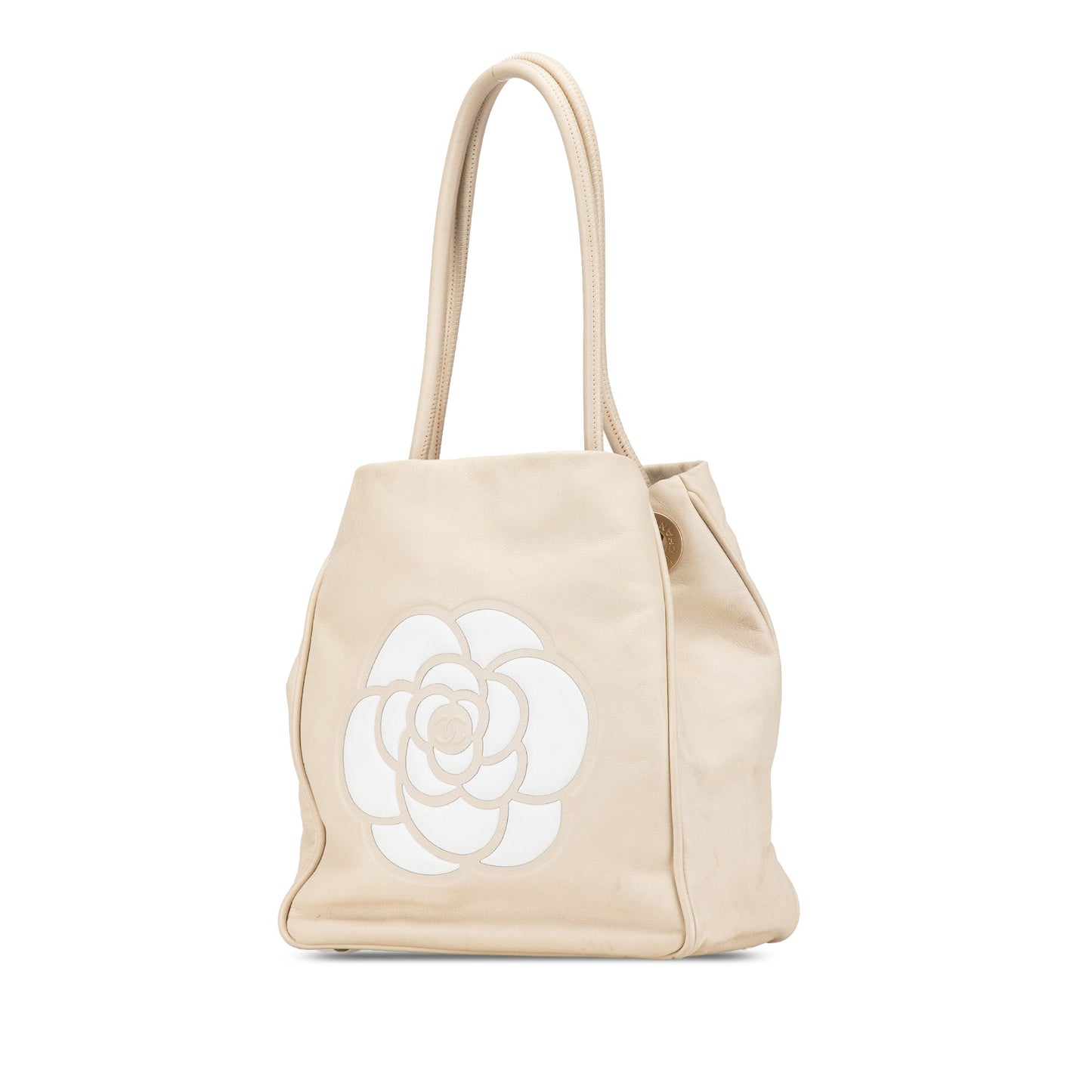 Beige Chanel Lambskin Logo Camellia Tote