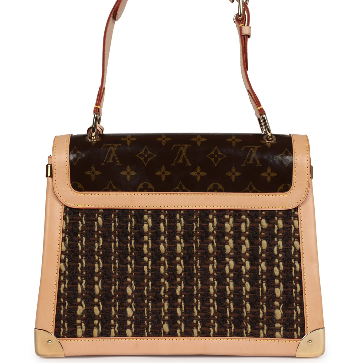 Vintage Louis Vuitton Tweedy Zip GM Brown Monogram Vinyl and Tweed Gold Hardware