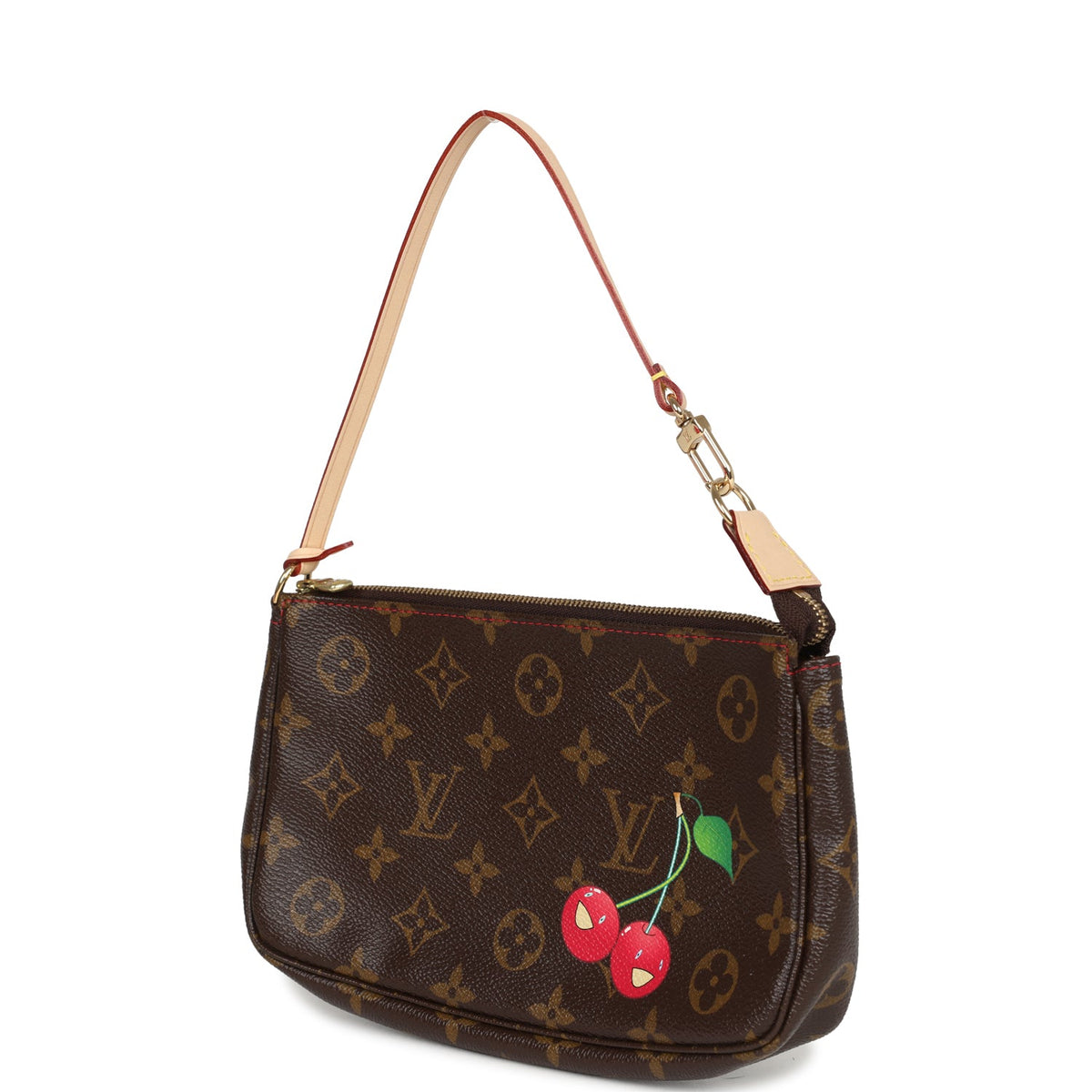 Vintage Louis Vuitton X Takashi Murakami Pochette Accessories Brown and Red Monogram Cerises Gold Hardware