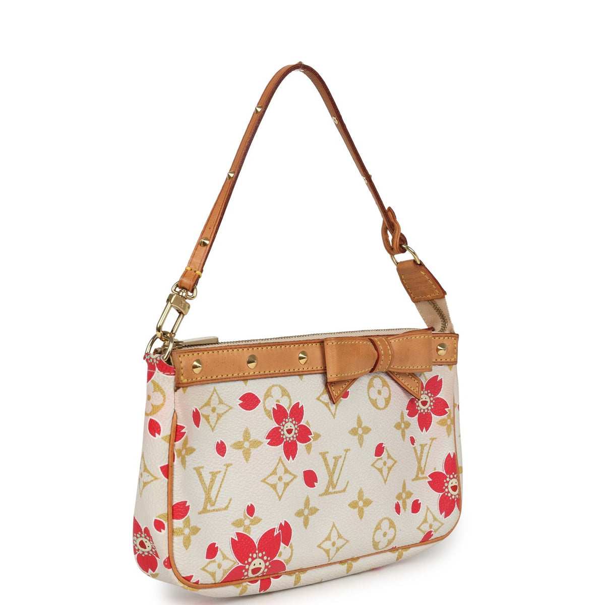 Vintage Louis Vuitton x Takashi Murakami Red and Creme Monogram Cherry Blossom Pochette Gold Hardware