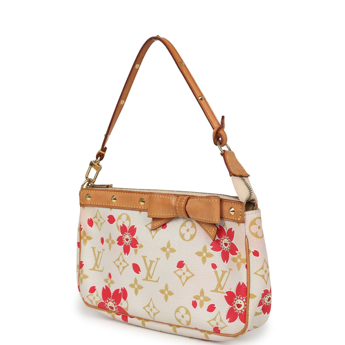 Vintage Louis Vuitton x Takashi Murakami Red and Creme Monogram Cherry Blossom Pochette Gold Hardware