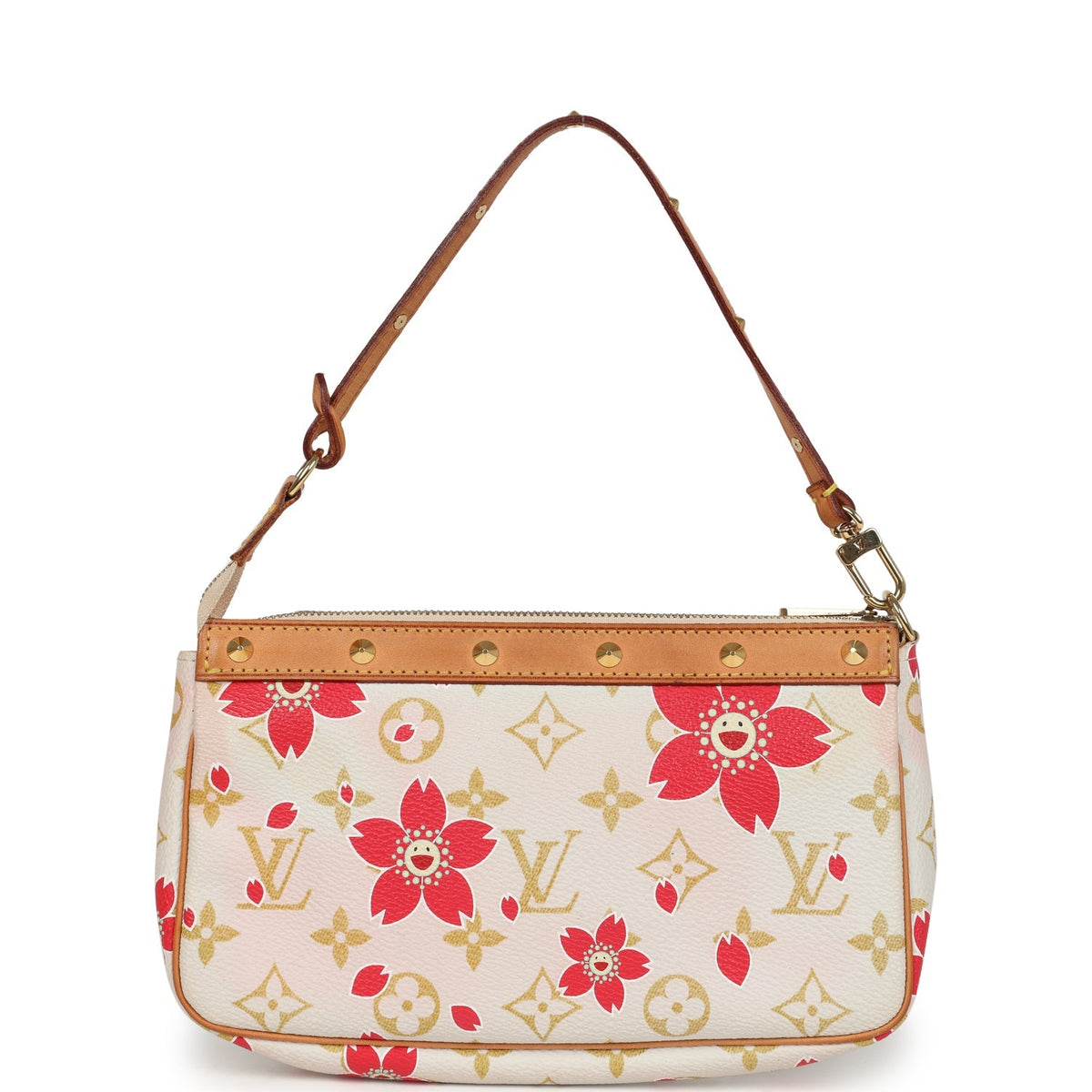 Vintage Louis Vuitton x Takashi Murakami Red and Creme Monogram Cherry Blossom Pochette Gold Hardware