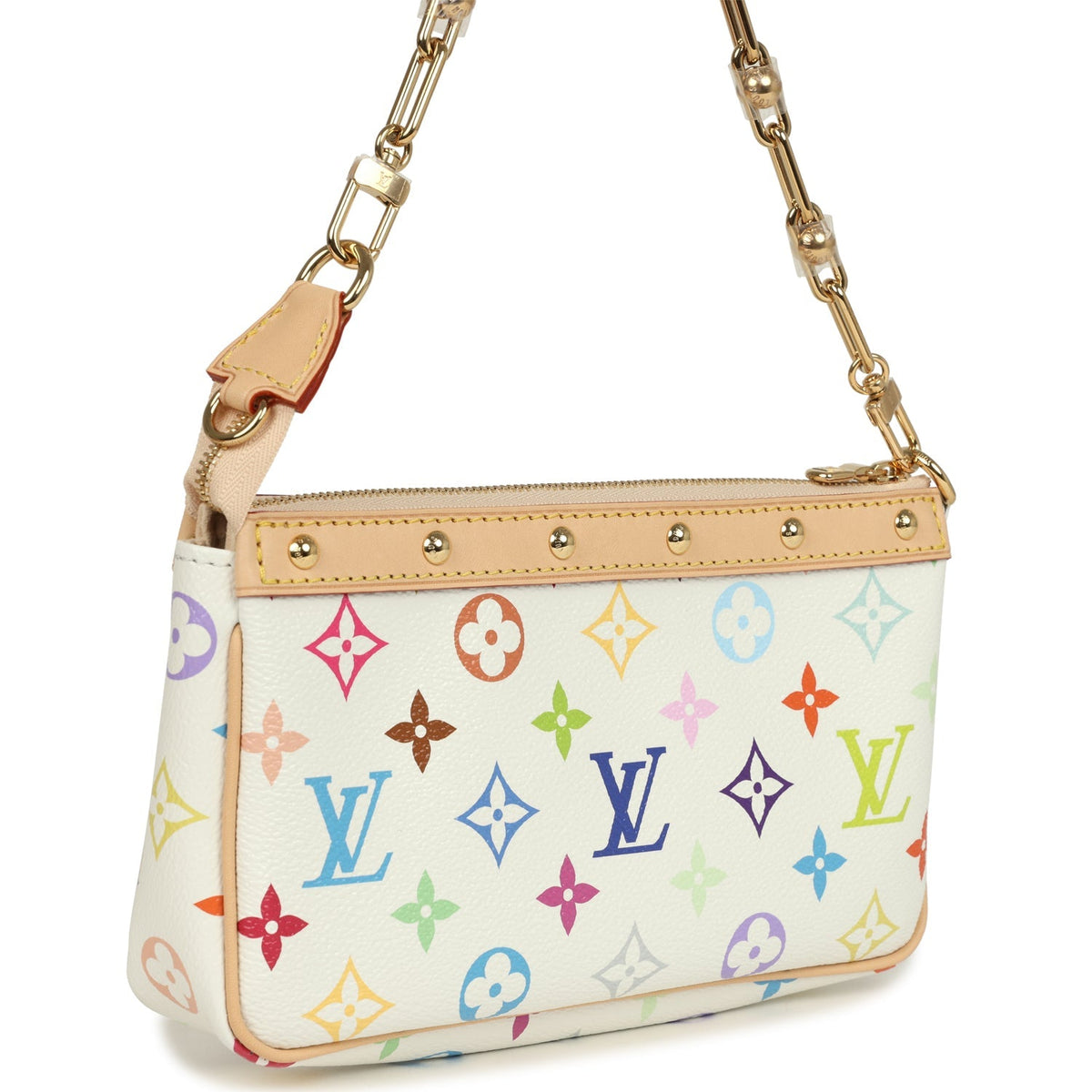 Louis Vuitton X Takashi Murakami Pochette Accessories White Multicolored Monogram Gold Hardware
