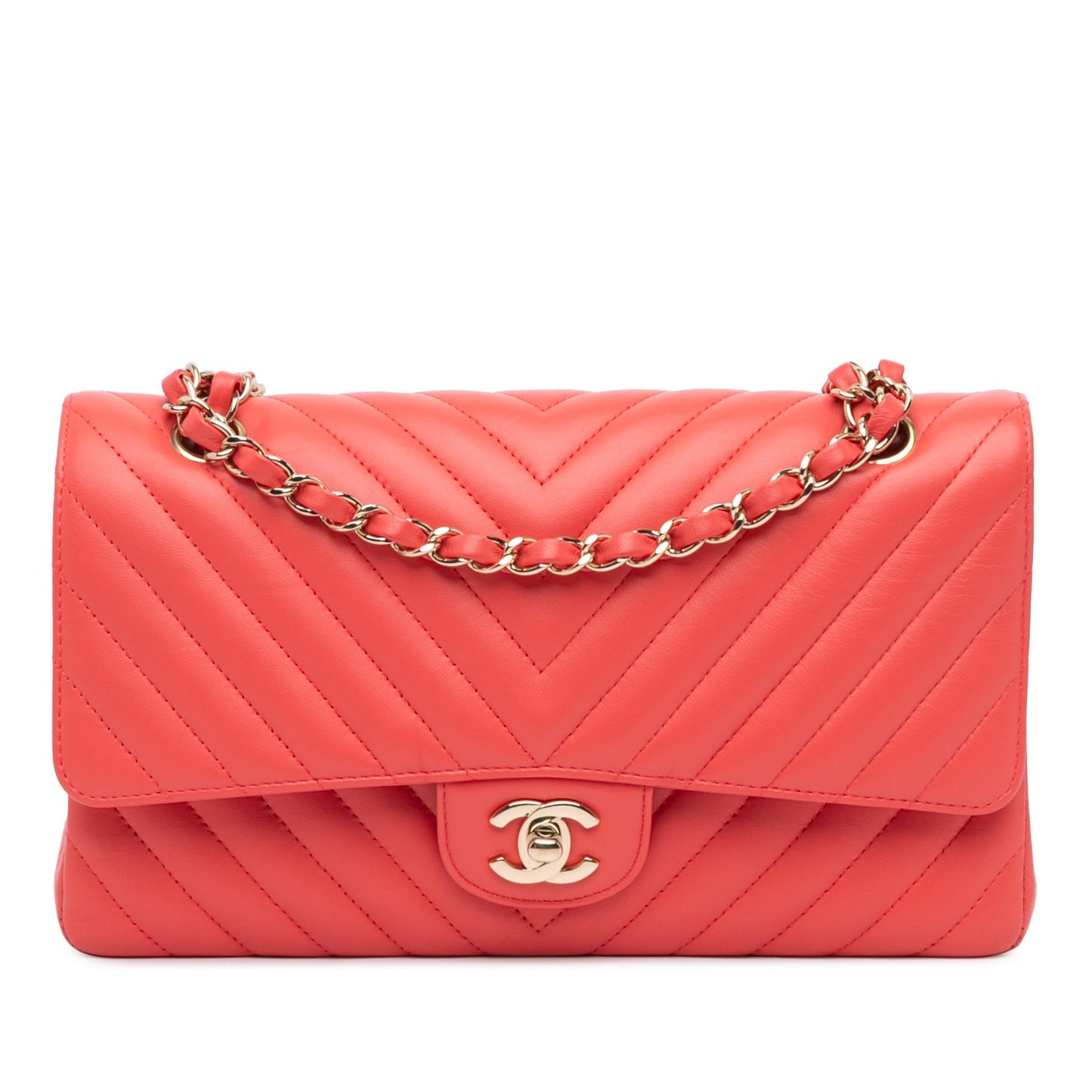Red Chanel Medium Classic Chevron Lambskin Double Flap Shoulder Bag
