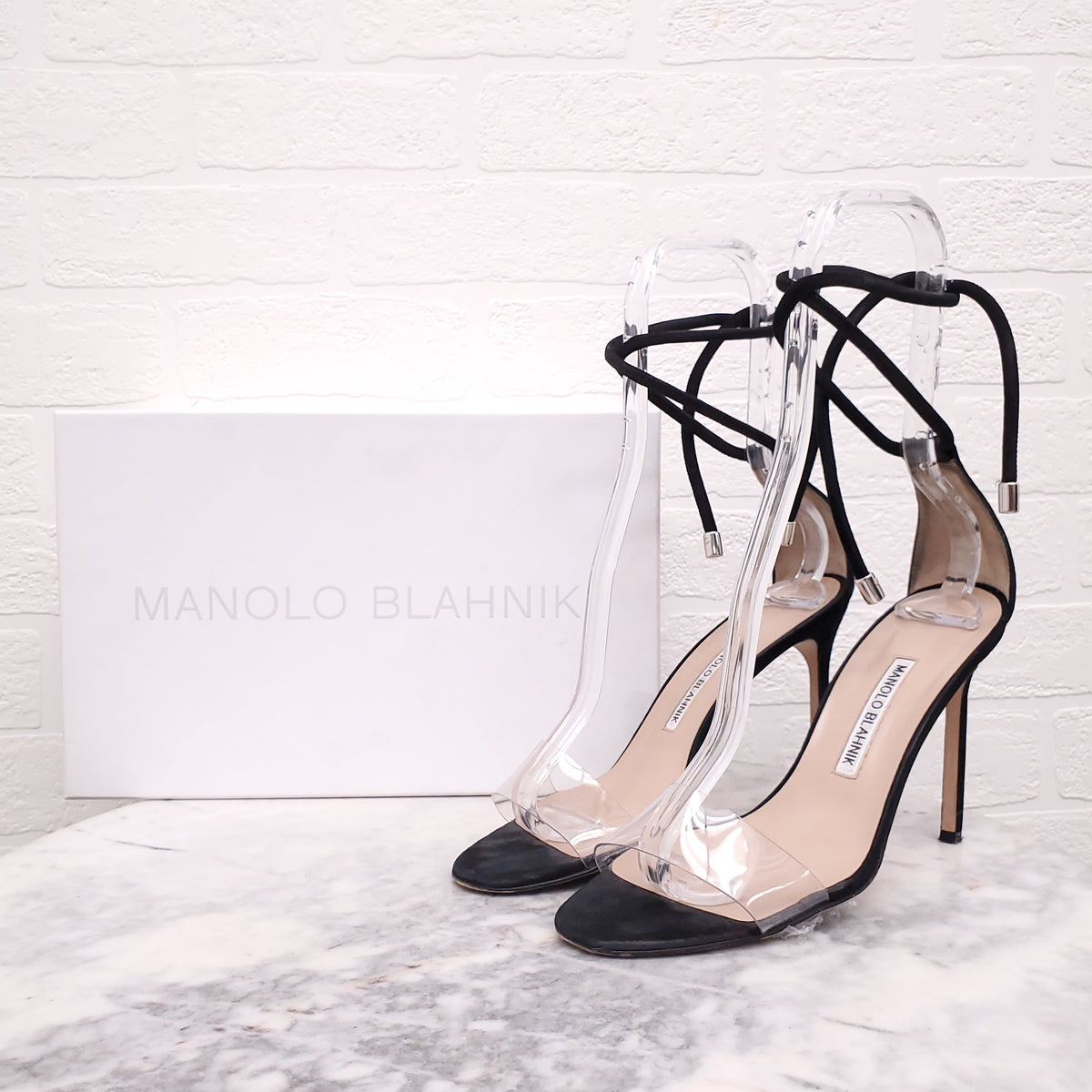 MANOLO BLAHNIK BLACK SUEDE AND LUCITE HEELS - SIZE 38.5