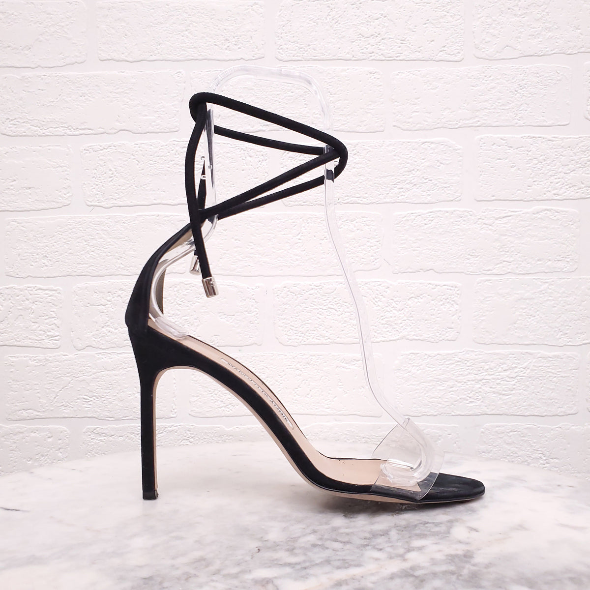 MANOLO BLAHNIK BLACK SUEDE AND LUCITE HEELS - SIZE 38.5