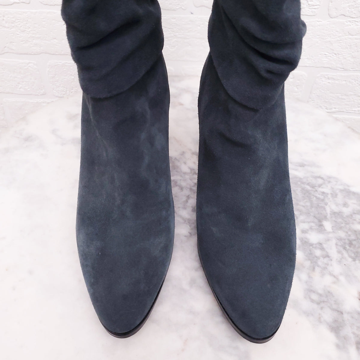 MANOLO BLAHNIK GREY 'KNIGHT' ROUCHED SUEDE BOOTS - SIZE 37