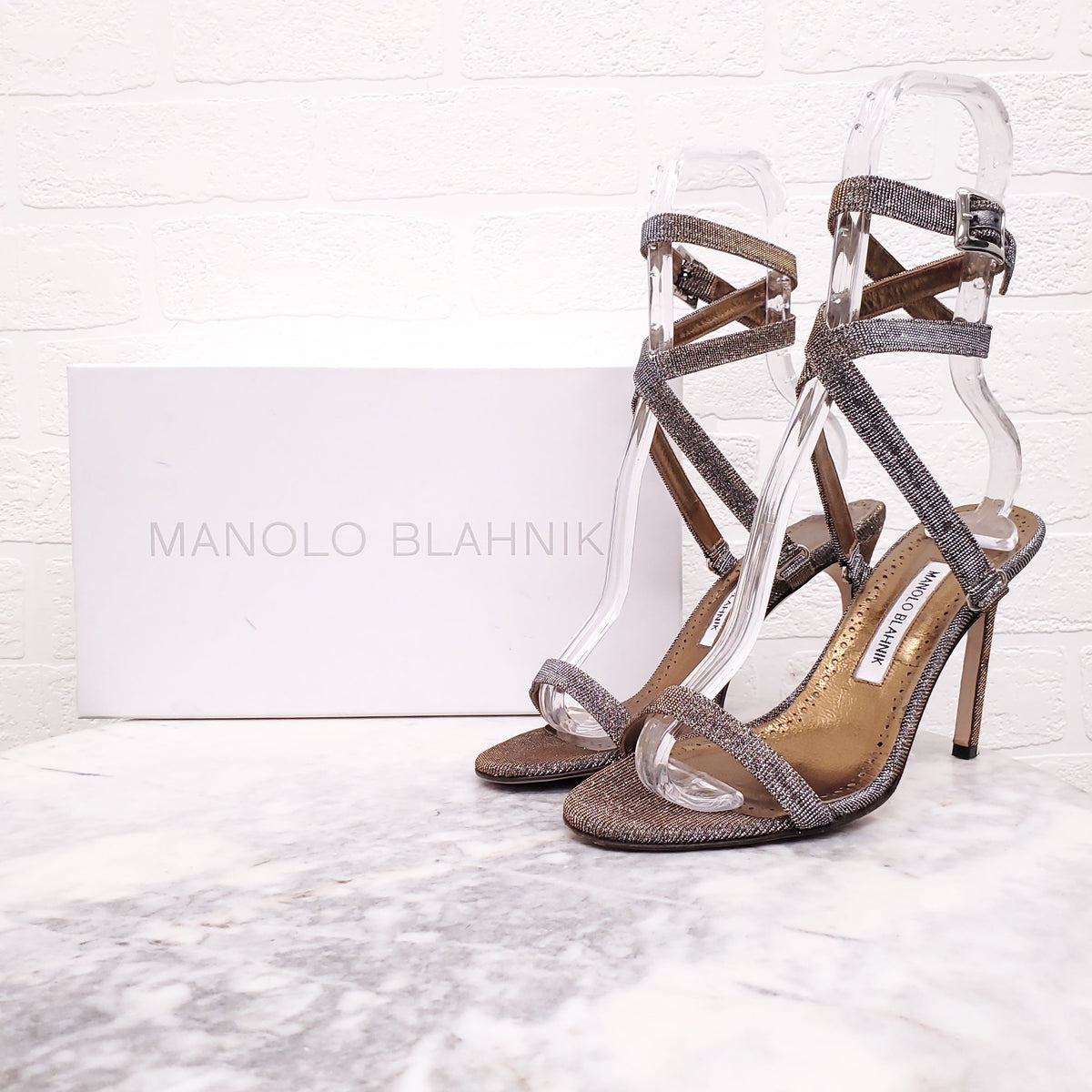 MANOLO BLAHNIK METALLIC WRAP AROUND HEELS - SIZE 38