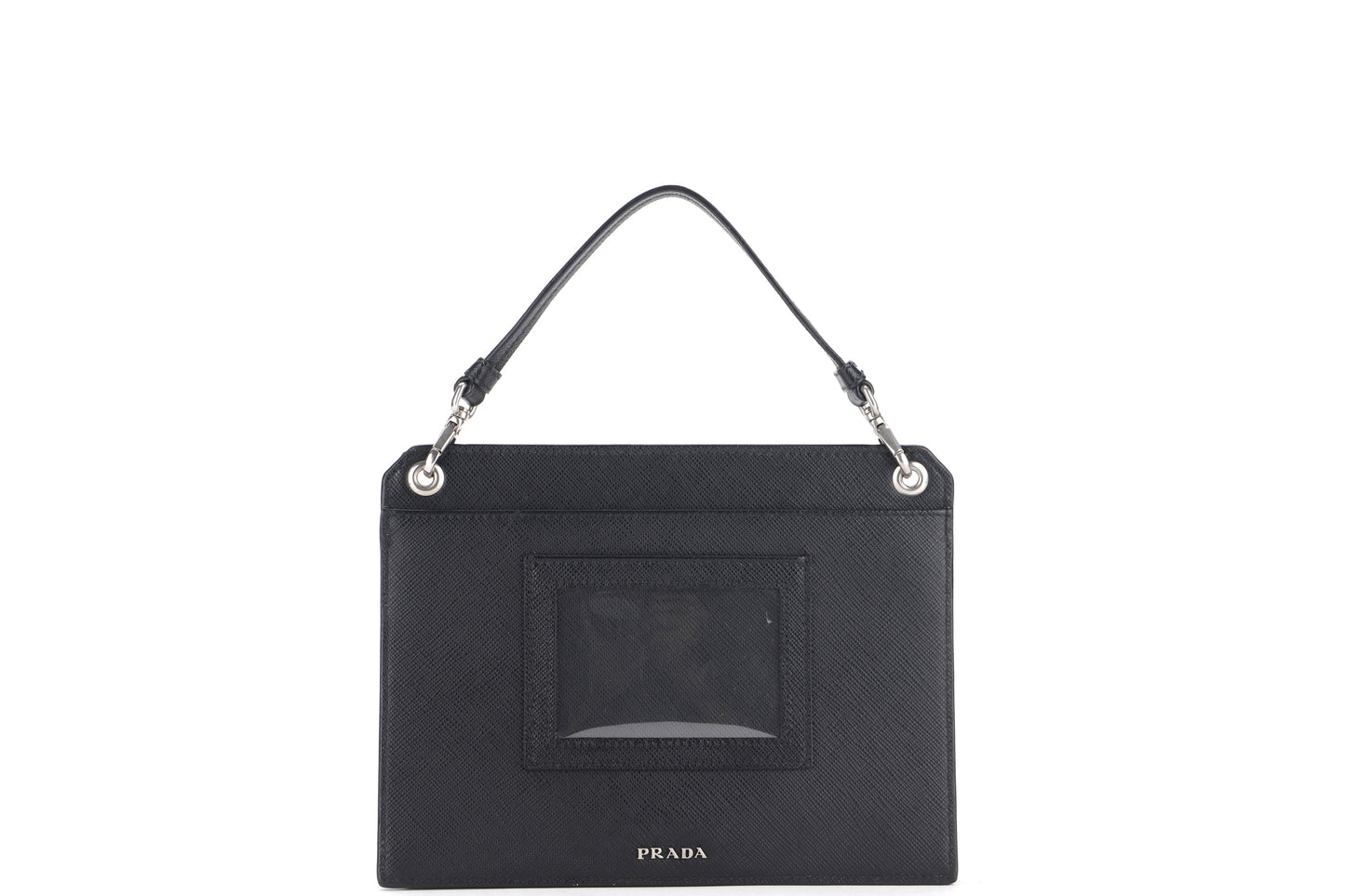 PRADA CLUTCH BLACK RETRO RACING LOGO PRINT SAFFIANO LEATHER SILVER HARDWARE, NO CARD & DUST COVER