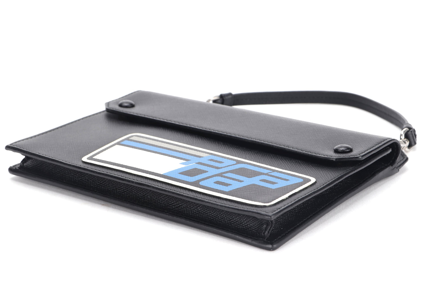 PRADA CLUTCH BLACK RETRO RACING LOGO PRINT SAFFIANO LEATHER SILVER HARDWARE, NO CARD & DUST COVER