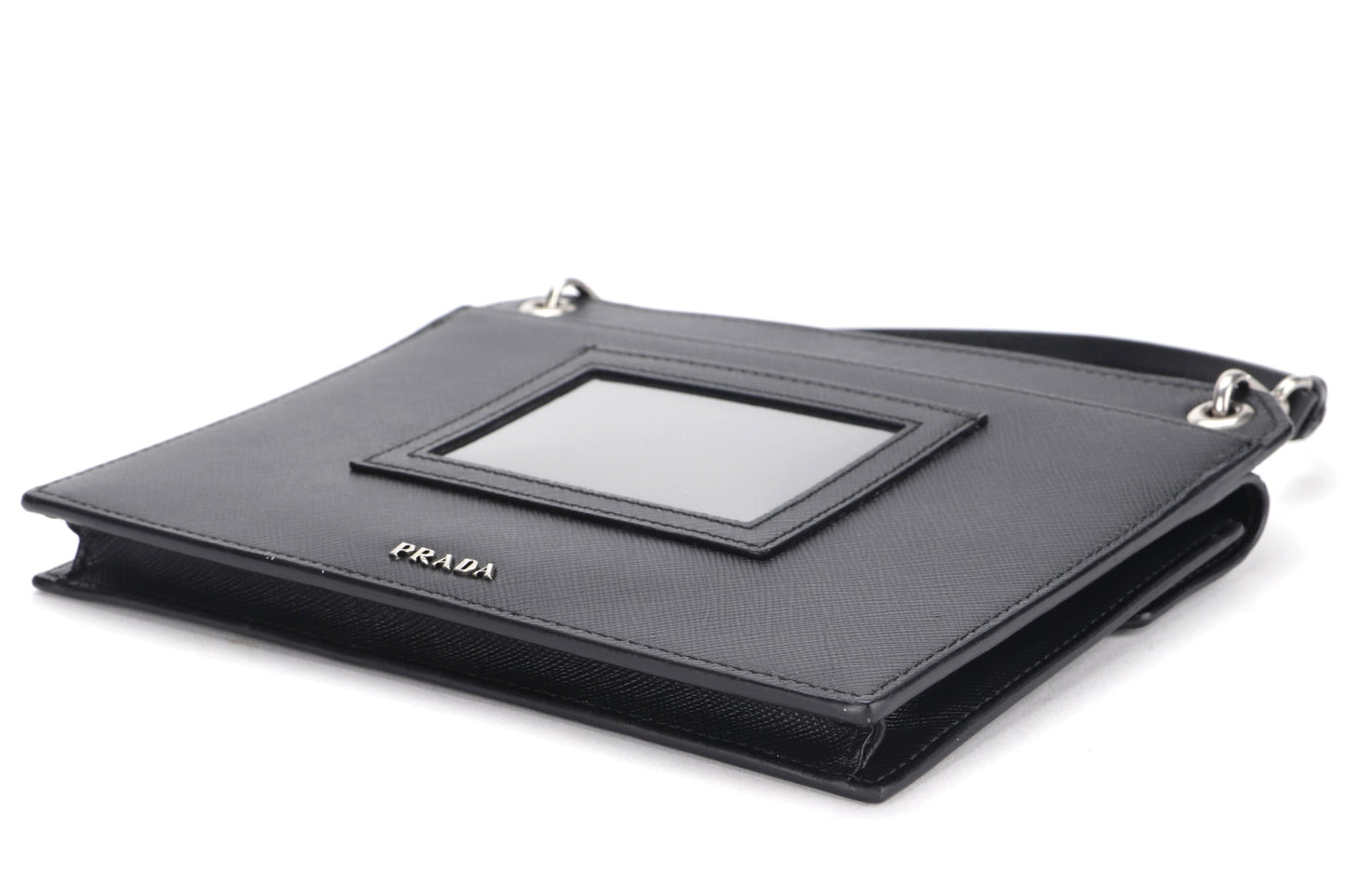PRADA CLUTCH BLACK RETRO RACING LOGO PRINT SAFFIANO LEATHER SILVER HARDWARE, NO CARD & DUST COVER