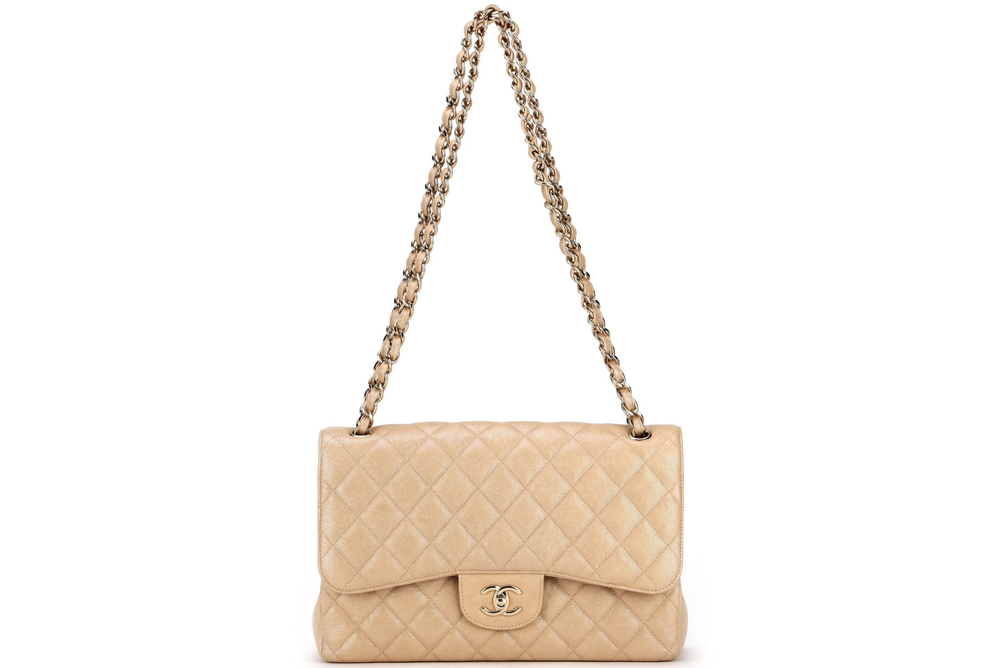 CHANEL CLASSIC FLAP JUMBO (2797xxxx) SHINY BEIGE CAVIAR LEATHER GOLD HARDWARE, WITH , DUST COVER & BOX