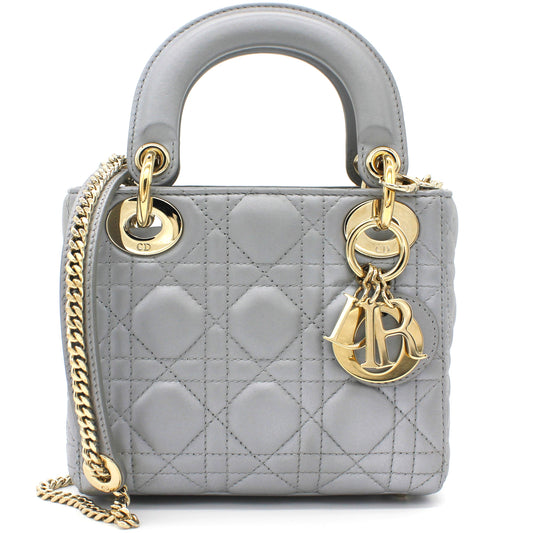Dior Mini Lady Dior Bag with Chain in Grey Pearly Lambskin