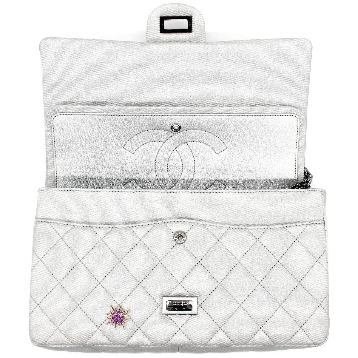 Chanel Silver 2.55 Canvas Reissue Space Charms 227 Flap Bag