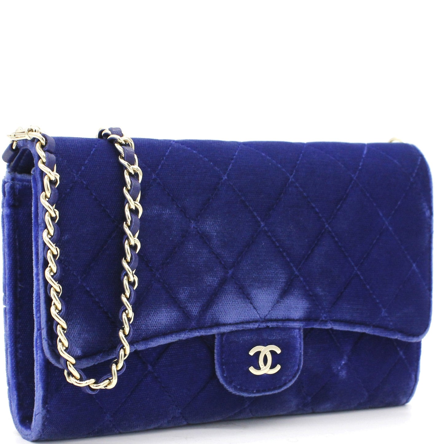 Chanel Velvet Quilted Wallet on Removable Chain Navy