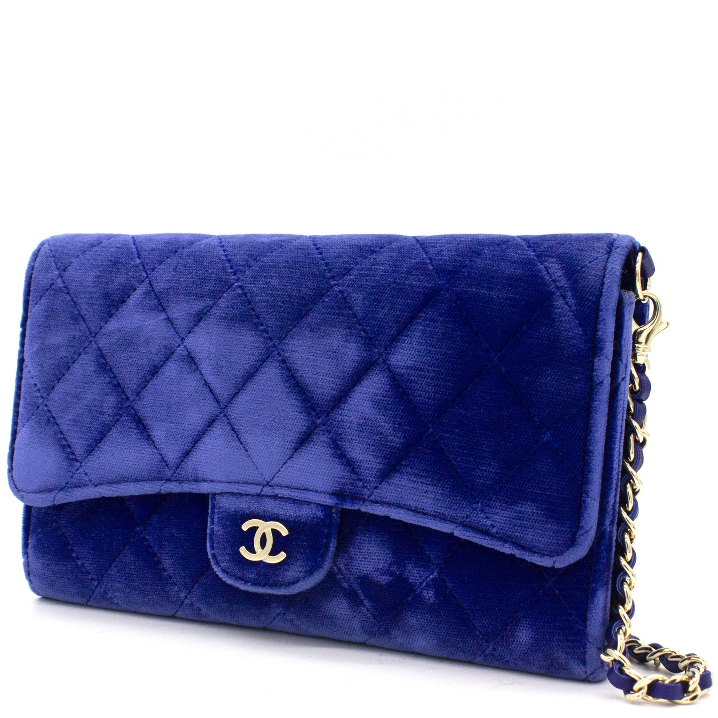 Chanel Velvet Quilted Wallet on Removable Chain Navy