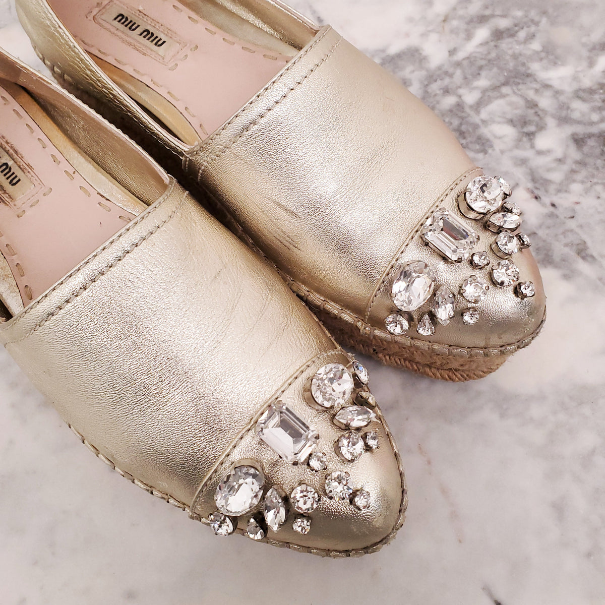 MIU MIU GOLD PLATFORM ESPADRILLES WITH CRYSTALS - SIZE 39