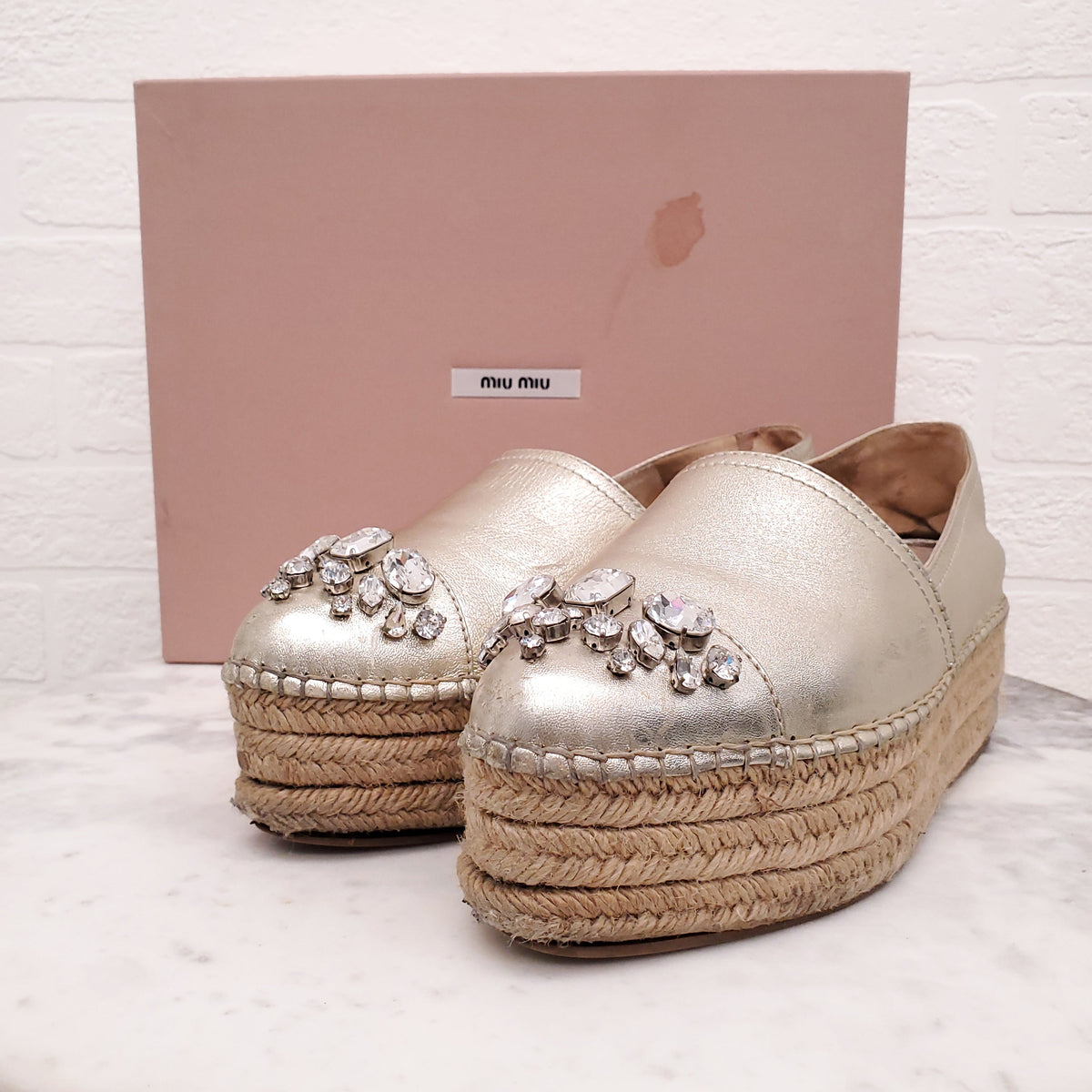 MIU MIU GOLD PLATFORM ESPADRILLES WITH CRYSTALS - SIZE 39