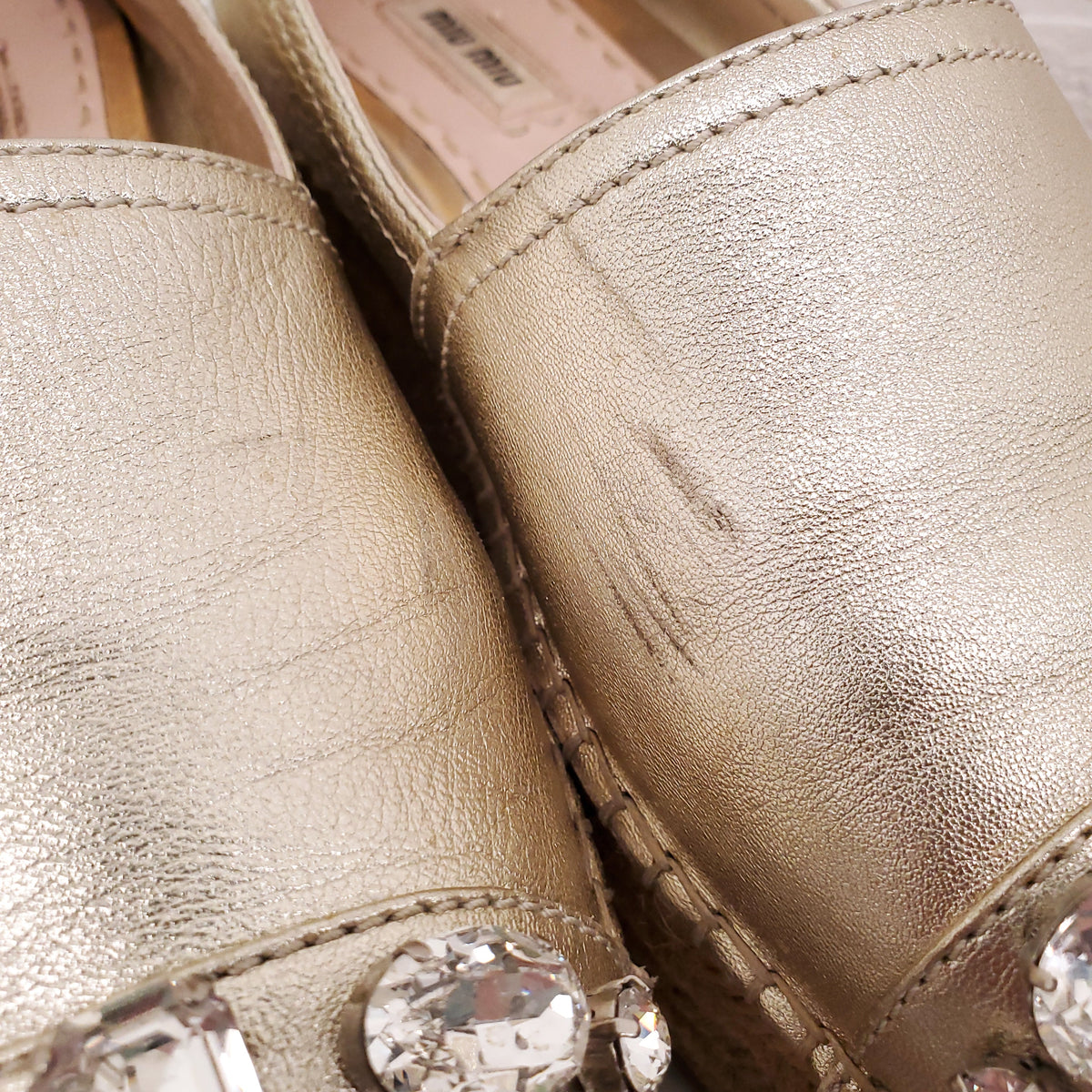 MIU MIU GOLD PLATFORM ESPADRILLES WITH CRYSTALS - SIZE 39