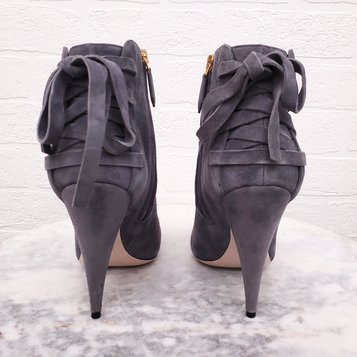 MIU MIU GREY SUEDE LACE UP BOOTIES - SIZE 37