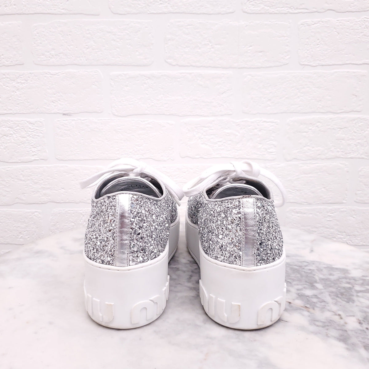 MIU MIU SILVER SEQUIN LOGO SNEAKERS - SIZE 37