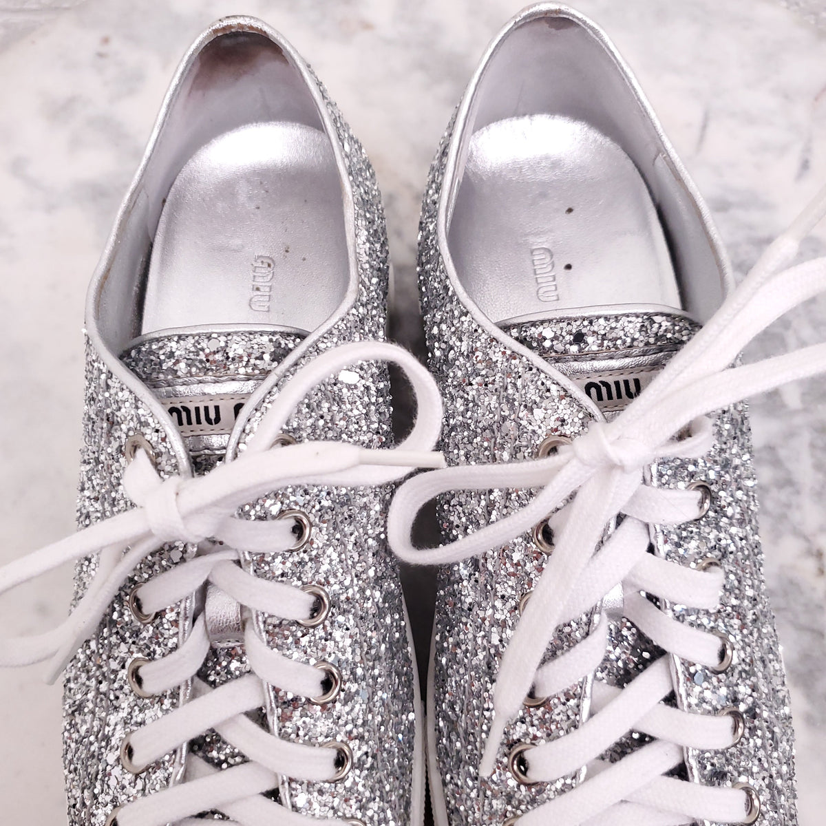 MIU MIU SILVER SEQUIN LOGO SNEAKERS - SIZE 37