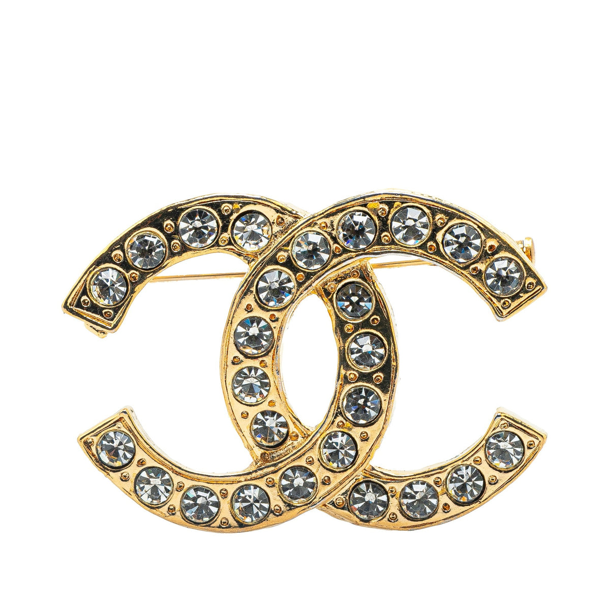 Gold Chanel Gold Plated CC Rhinestone Brooch