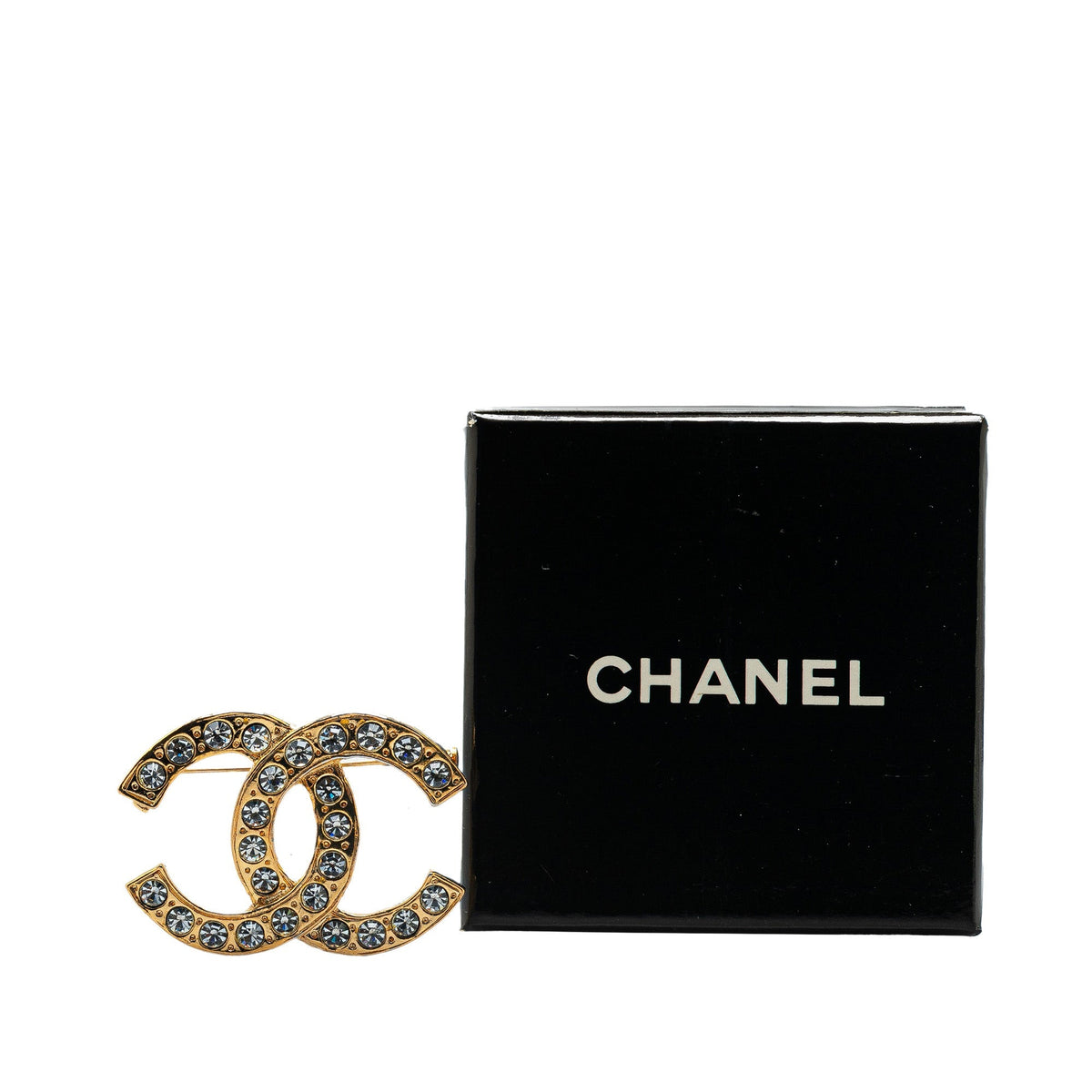 Gold Chanel Gold Plated CC Rhinestone Brooch
