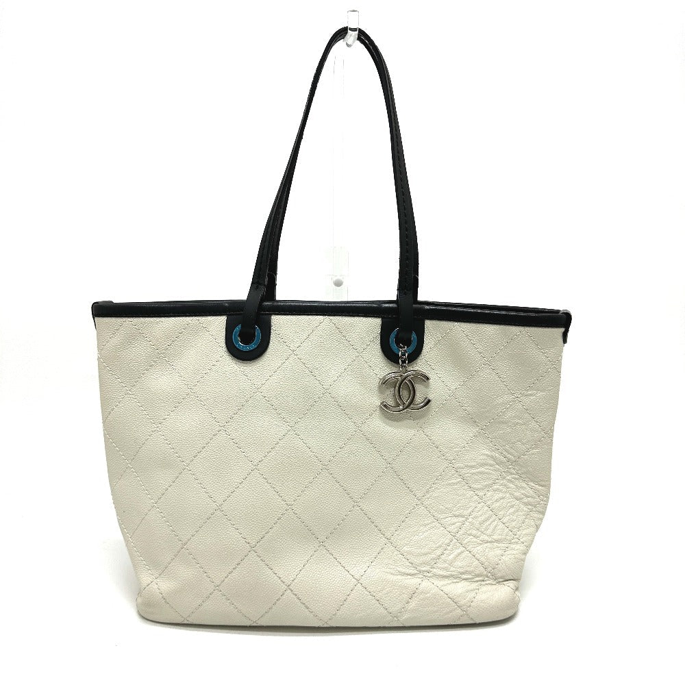 CHANEL Tote Bag Caviar skin white CC COCO Mark Matrasse Women Used
