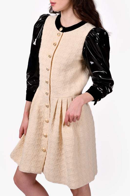 Gucci Cream/Black Wool/Patent Leather Button-Up Mini Dress Size 40