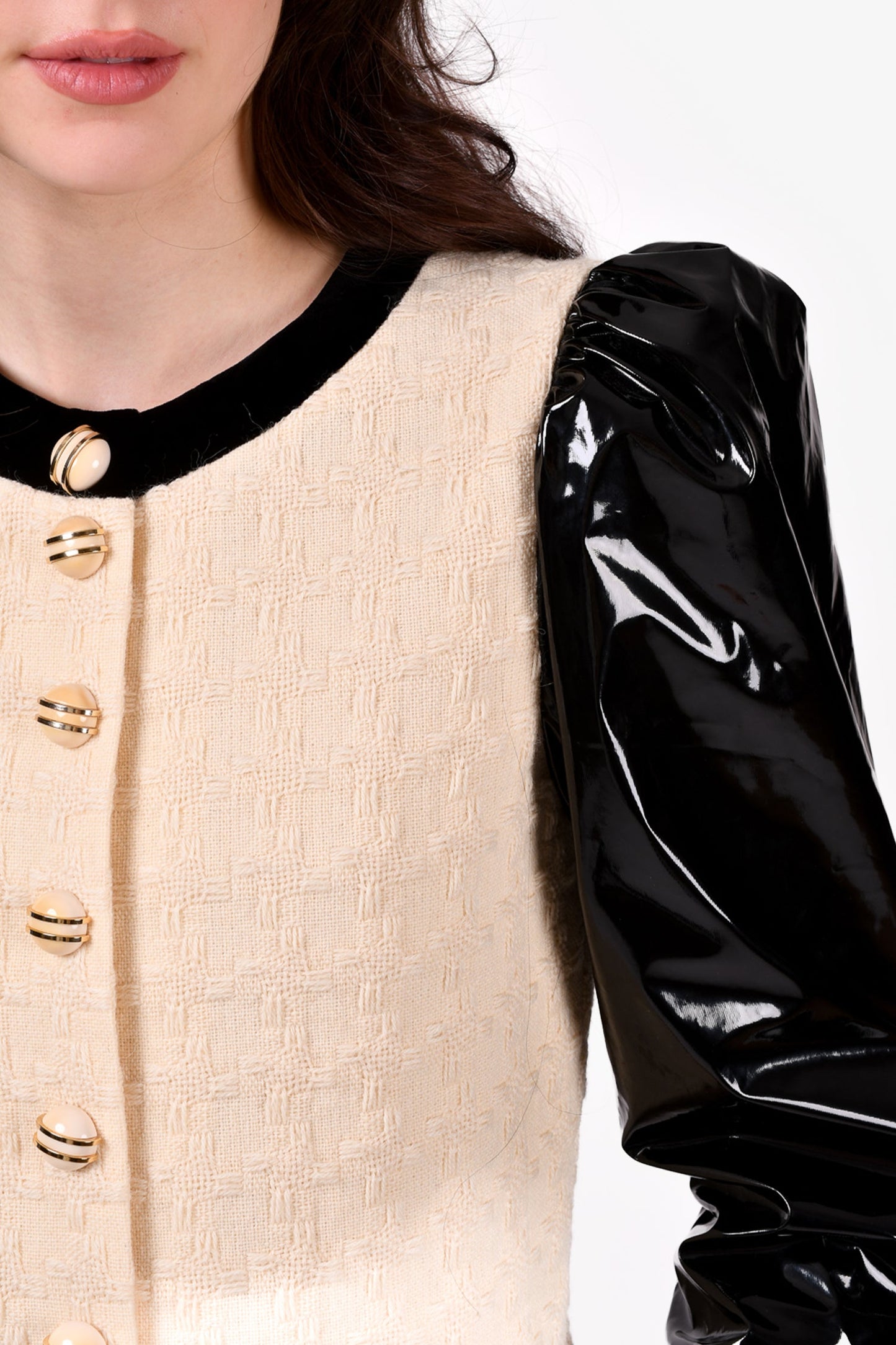 Gucci Cream/Black Wool/Patent Leather Button-Up Mini Dress Size 40