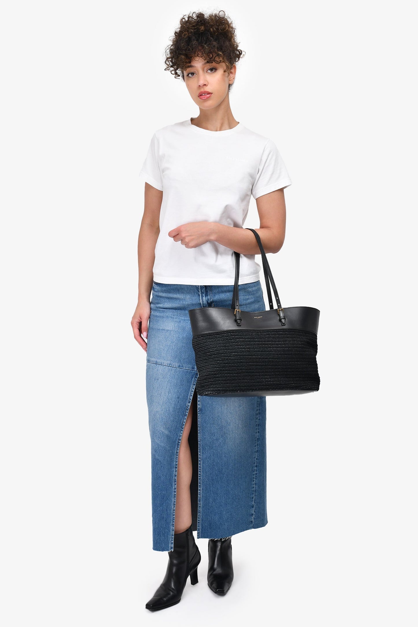 Saint Laurent Black Leather/Wicker Boucle Shopping Tote