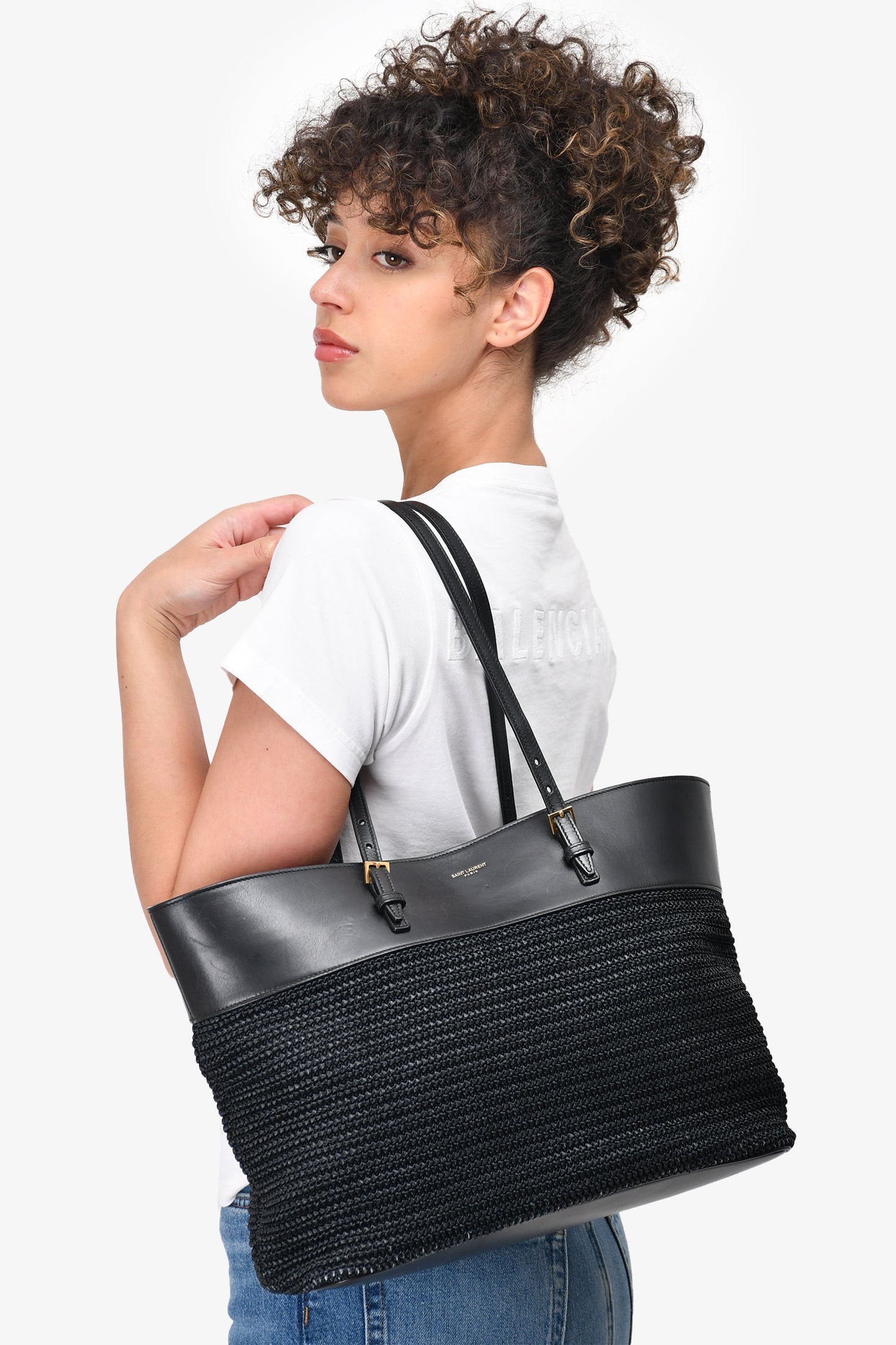 Saint Laurent Black Leather/Wicker Boucle Shopping Tote