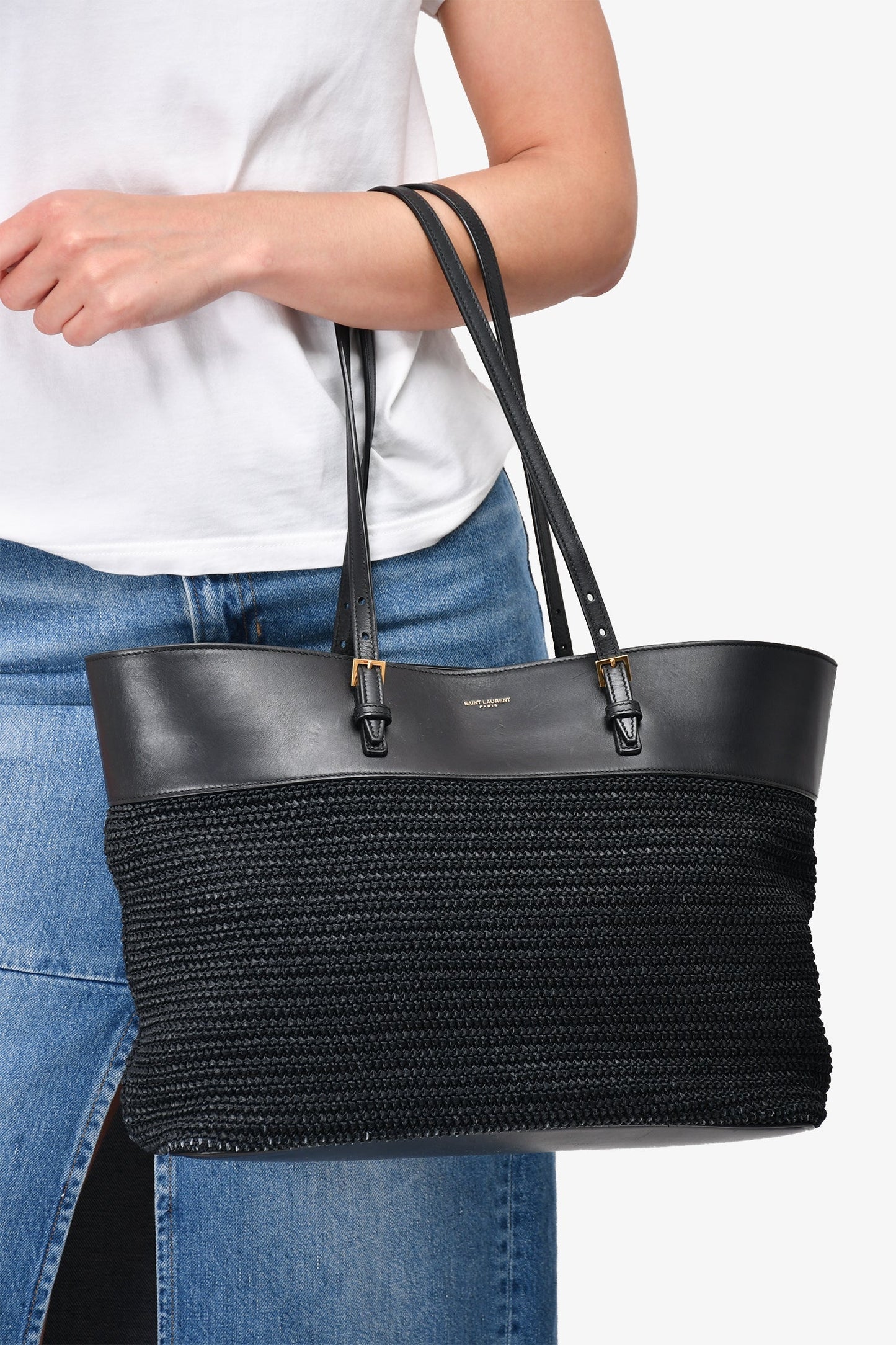 Saint Laurent Black Leather/Wicker Boucle Shopping Tote