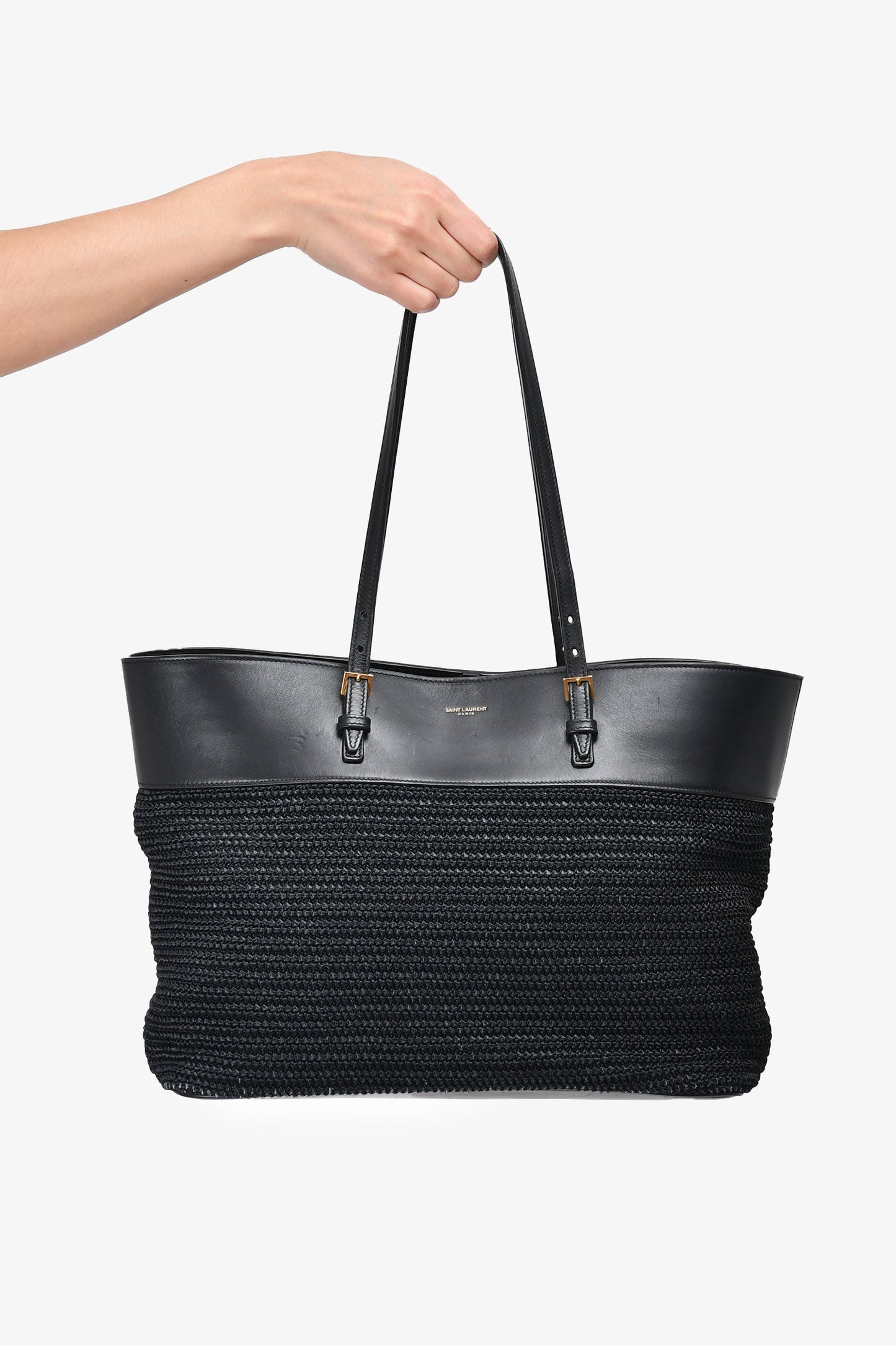 Saint Laurent Black Leather/Wicker Boucle Shopping Tote
