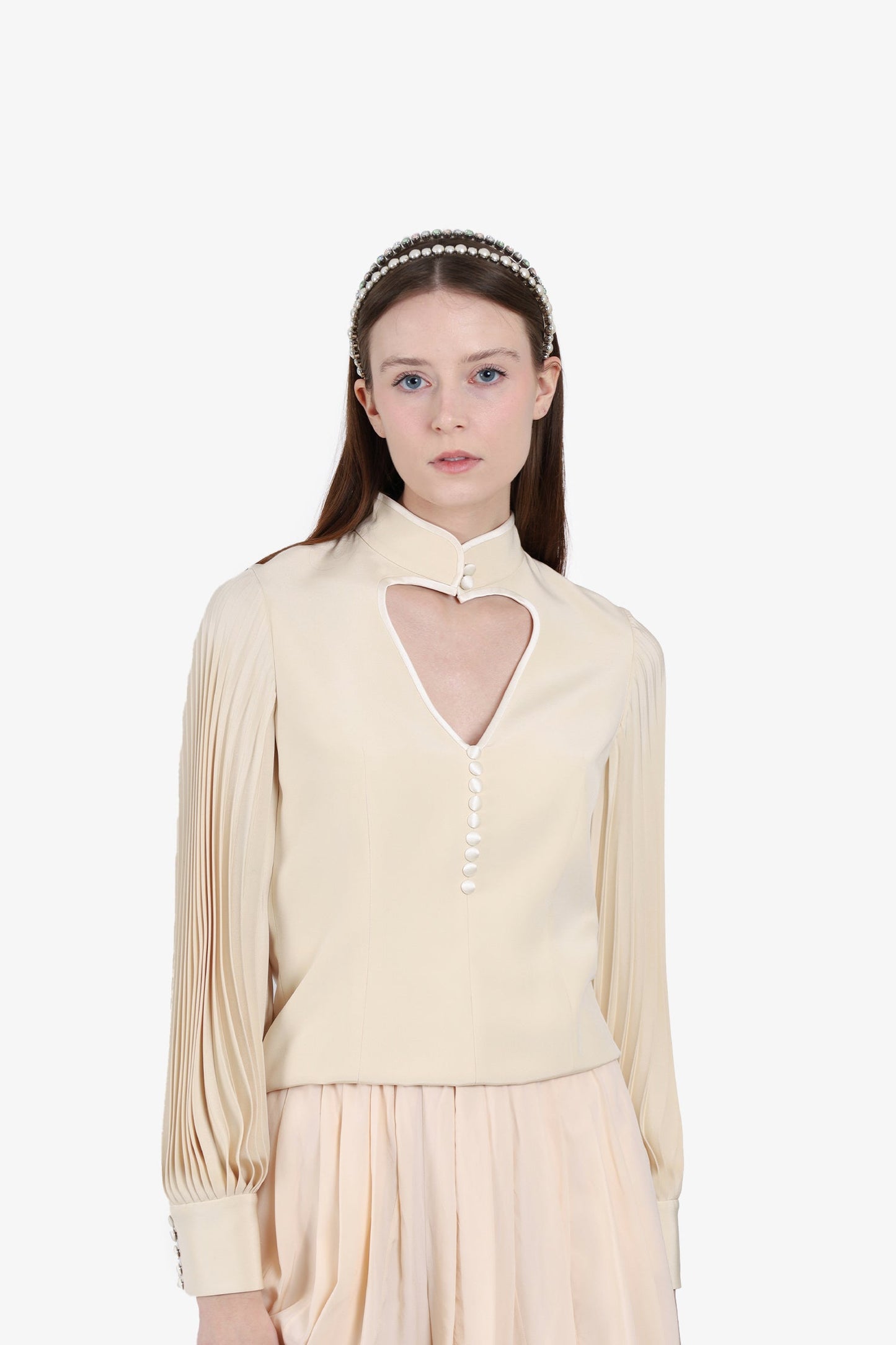 Gucci Cream Silk Pleated Heart Cut Out Top Size 38