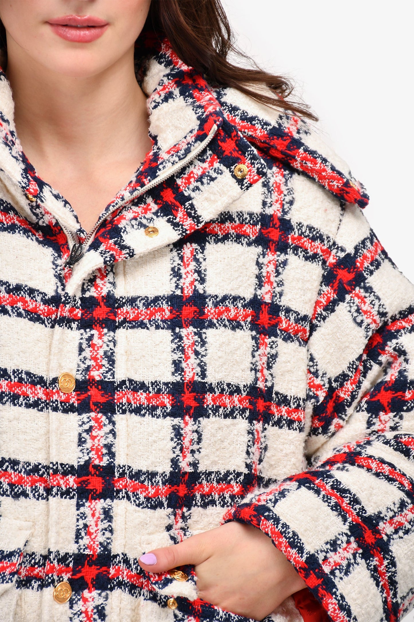 Gucci 2021 White/Navy/Red Checked Hooded Padded Jacket Size 40